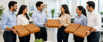 bulk gifts for employees arranged on office table with budget-friendly corporate gift ideas 