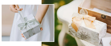 Premium wedding gift boxes arranged for guests at an elegant U.S. wedding reception