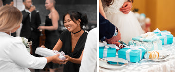 Wedding sweet favor boxes arranged for guests at an elegant USA wedding reception 